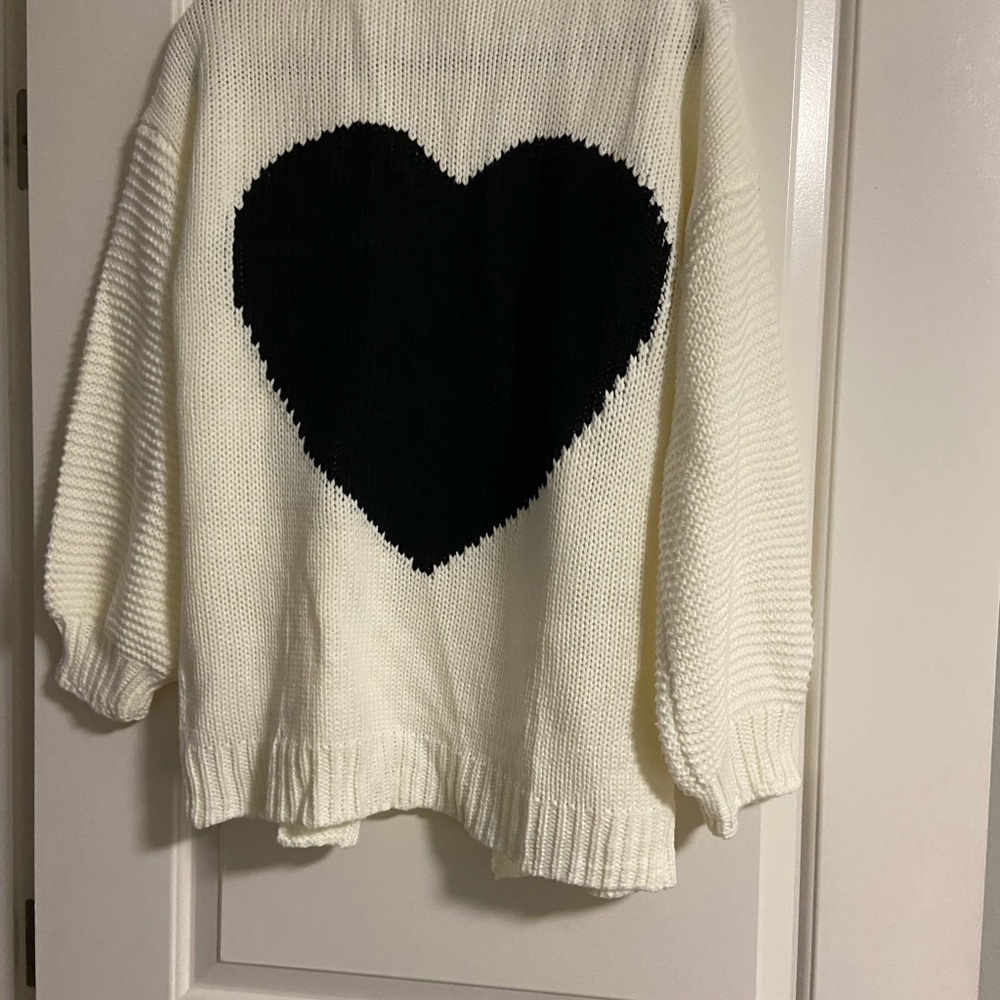 Cozy White Sweater with Black Heart